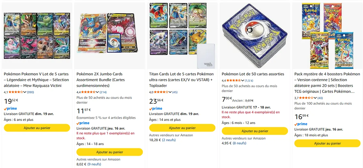 lots de cartes pokémon sur amazon